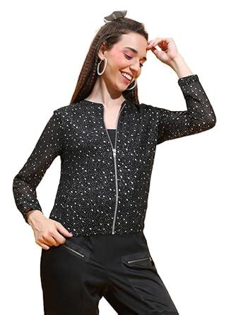 Buy Women Latin Black Foil Floral Print Round Neck Zip Lined Long ...