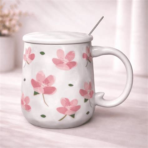 Blush Bloom Ceramic Mug with Lid & Spoon | Floral Cup - Ayethic