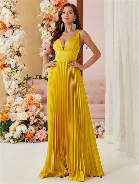 SHEIN Belle Elegant Pleated Eye-Catching Yellow Women's Evening Cami ...
