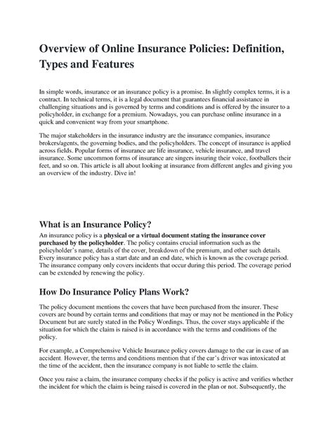 Online Insurance Policies - In slightly complex terms, it is a contract ...