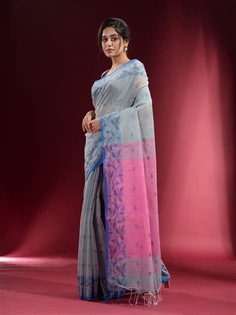 Powder Blue Cotton Handspun Handwoven Saree With Woven Floral Borders ...