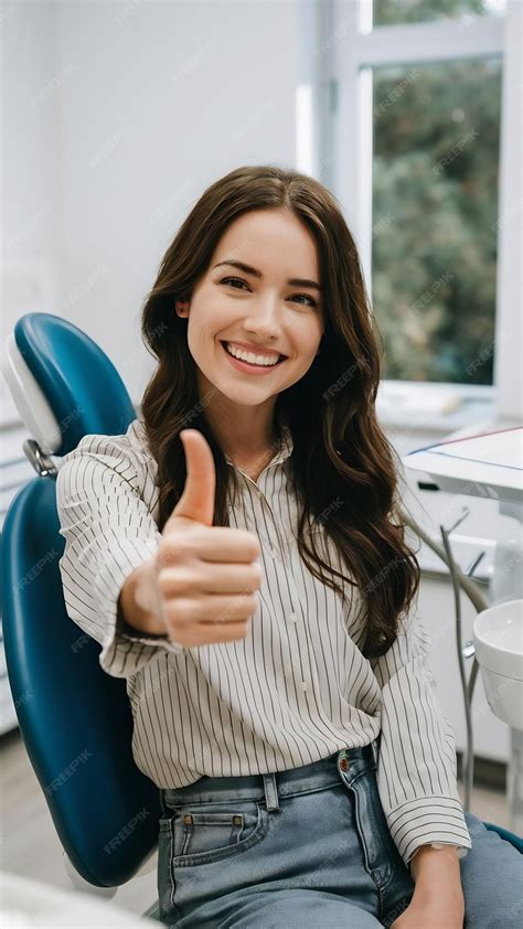 Smiling female patient sitting on chair showing thumb up in dental ...