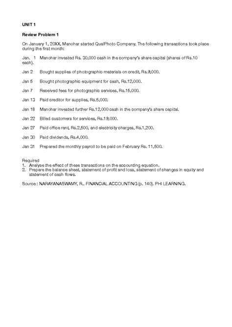Review Problem - Accounting Equation - UNIT 1 Review Problem 1 On ...