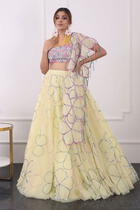 Buy Yellow Net Crystals, Embroidery, Sequins, Tassels Floral Bloom Hand ...