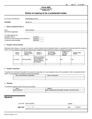 Fillable Online Form 605 Notice of ceasing to be a substantial holder ...