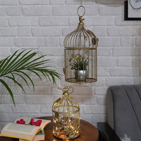 Buy HOMESAKE Gold Bird Cage Iron Hanging T-Light With String Lights ...