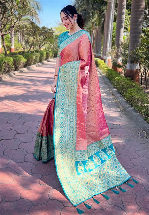 Pink Pure Tissue Zari Woven Saree with Contrast Weaves – Elite Weaves