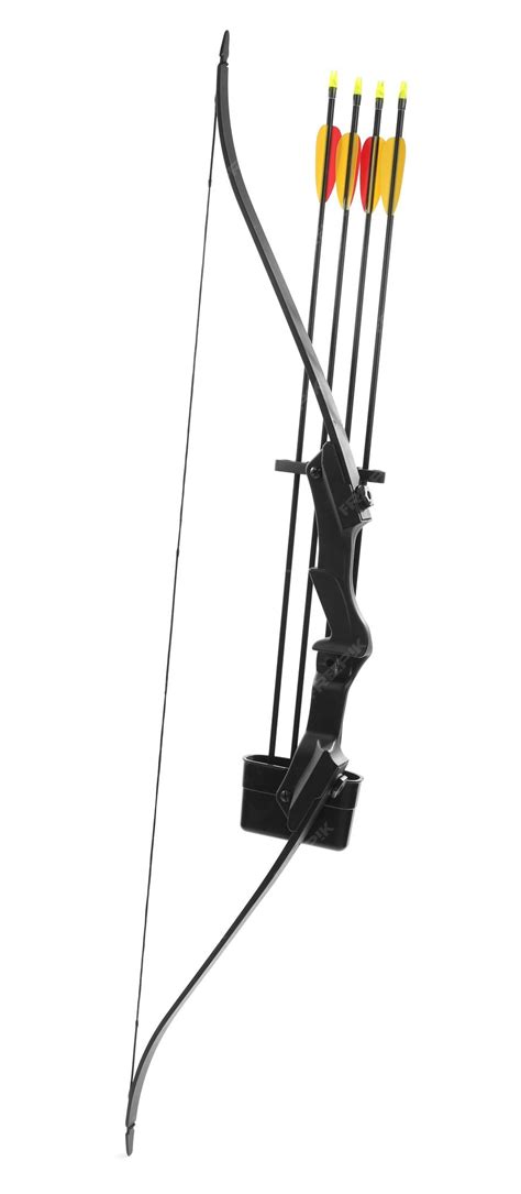 Black bow and plastic arrows on white background archery sports ...