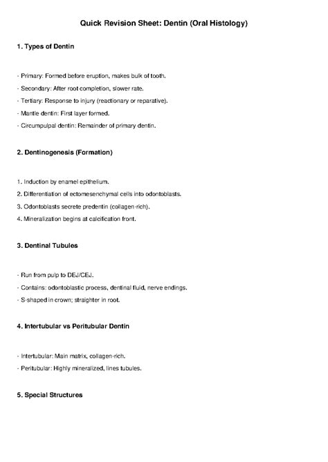 Dentin revision sheet: Oral histology overview for KUHS - Studocu