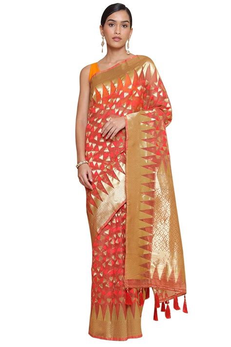 Buy Soch Rust Organza Saree with Woven Temple Borders at Amazon.in