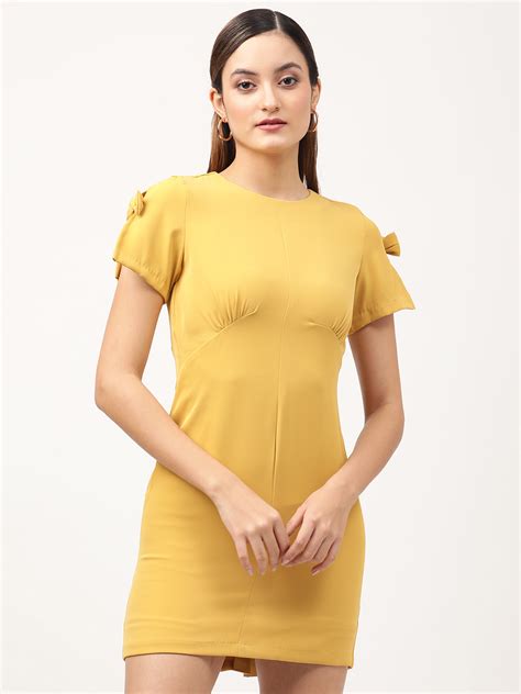 Shop Centre Stage Women Yellow Solid Round Neck Dress Online – Iconic India