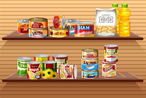 Many different canned foods or processed food on wall shelves | Free Vector