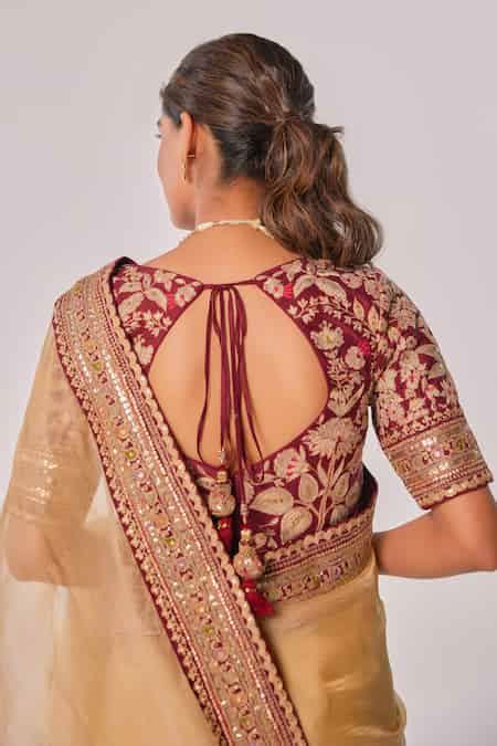 Buy Maroon Crepe Sequins, Zari Floral Embroidered Champagne Gold Saree ...