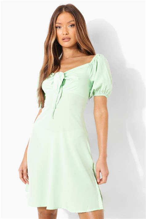 Puff Sleeve Tie Bust Midi Dress | boohoo