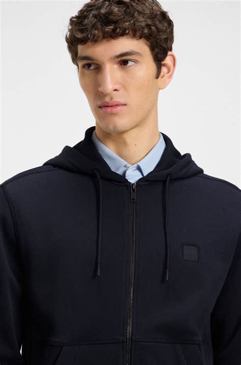 BOSS - Cotton-terry zip-up hoodie with tonal logo patch - Dark Blue