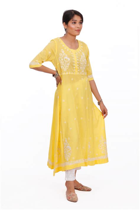 Semal Hand Embroidered Yellow Cotton Lucknowi Chikankari Kurta CH0001C ...