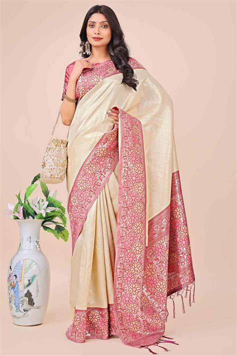 Cream Lichi Silk Blend Saree With Exquisite Floral Weaving & Graceful