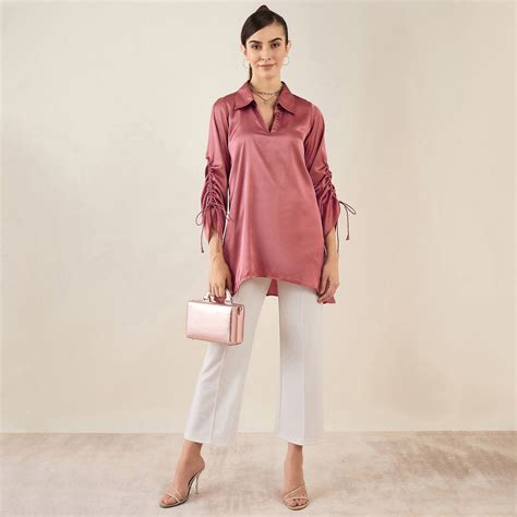 Old Rose Gathered Sleeves Embellished Satin Tunic – First Resort by ...