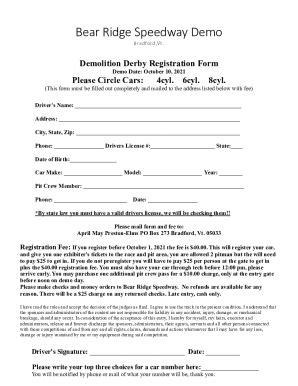 Fillable Online Lyndonville, Vermont Demolition Derby Registration Form ...