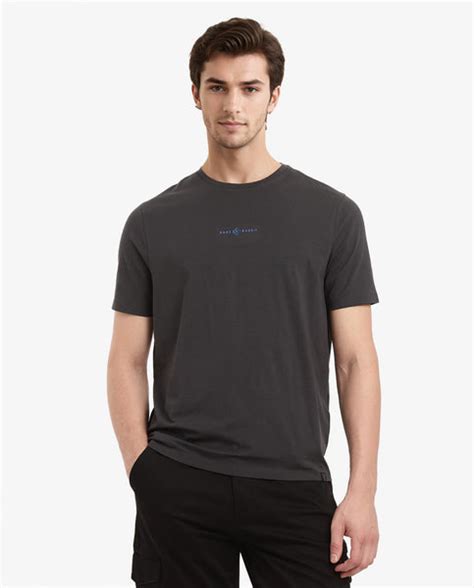 Rare Rabbit Men Noam Dark Grey Cotton Lycra Fabric Short Sleeve Crew N
