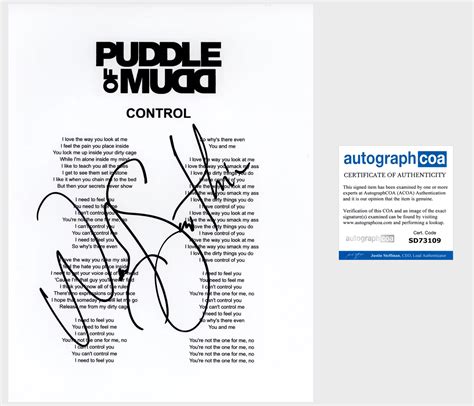 WES WESLEY SCANTLIN SIGNED PUDDLE OF MUDD CONTROL LYRIC SHEET w/PROOF ...