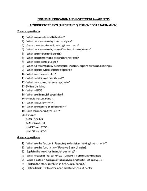 FEIA assignment topics - FINANCIAL EDUCATION AND INVESTMENT AWARENESS ...