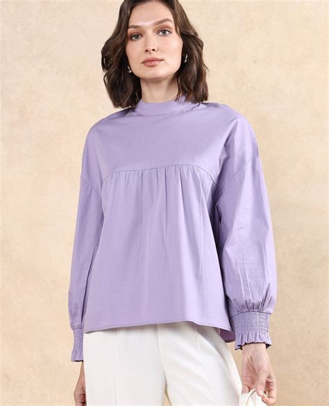 Rareism Women's Delpo Dusky Purple Cotton Blend High Neck Plain Bishop