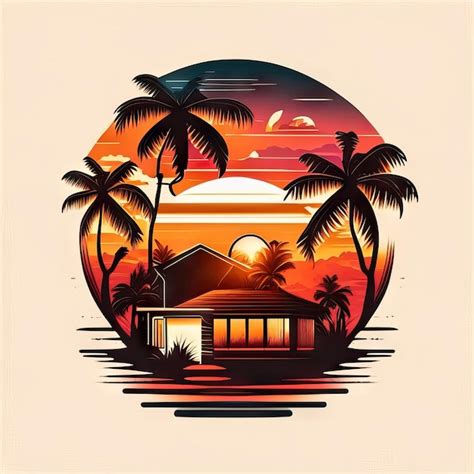 Paradise beach illustration with sun palm trees and houses | Premium AI ...