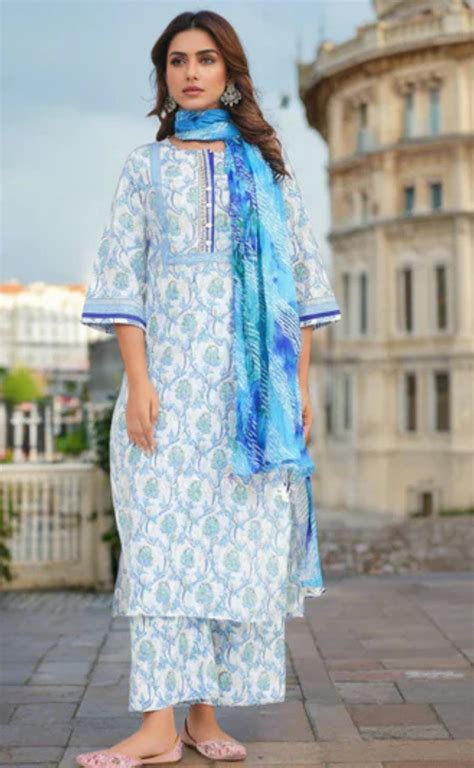 White/Blue Floral Jaipur Cotton Kurti With Pant And Dupatta Set. Pure ...