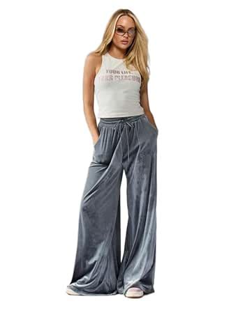 Buy PATAKADEVI Women’s Velvet Wide Leg Trousers Slate Blue Palazzo ...