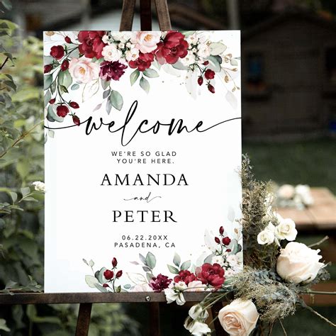 Wedding Welcome Signs, Wedding Signs, Burgundy Wedding, Floral Wedding ...