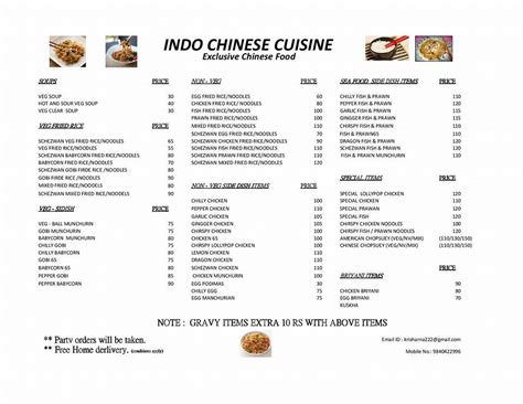 Menu at Indo chinese cuisine, Chennai