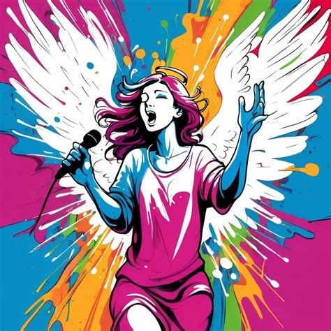 singing angel, graffiti splashes, simple line art, c...