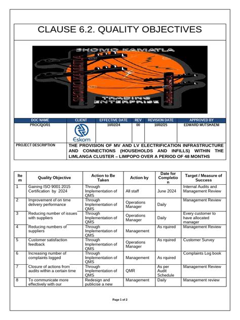 Image result for Quality Objectives Form Example