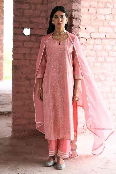Buy Pink Chanderi, Cotton, Kota Doria Lace, Sequins, Hoor Chikankari ...