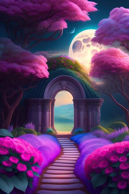 Fantasy fairy tale background with forest and blooming pink rose path ...