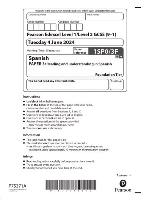 2024 Pearson Edexcel Level 1/Level 2 GCSE (9–1) Spanish PAPER 3 ...