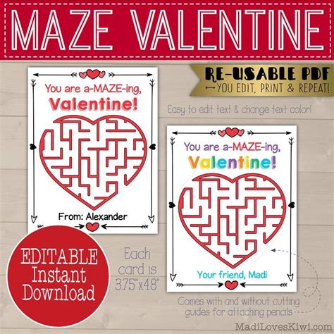Printable Maze Valentine Card, Editable Pencil Holder Note Instant ...