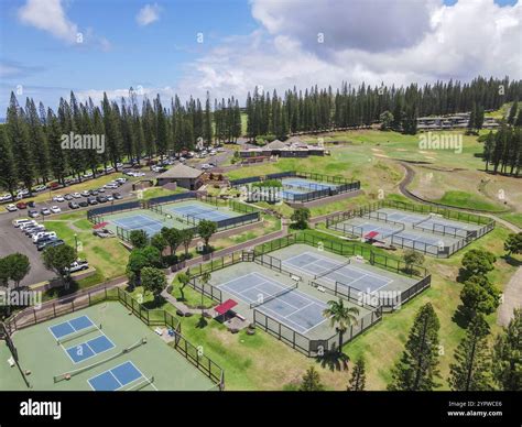Aerial view of tennis court at the Kapalua coast in Maui, Hawaii, USA ...