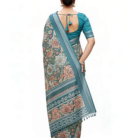 Teal Floral Cotton Saree – The Weavers Shop by Raavi