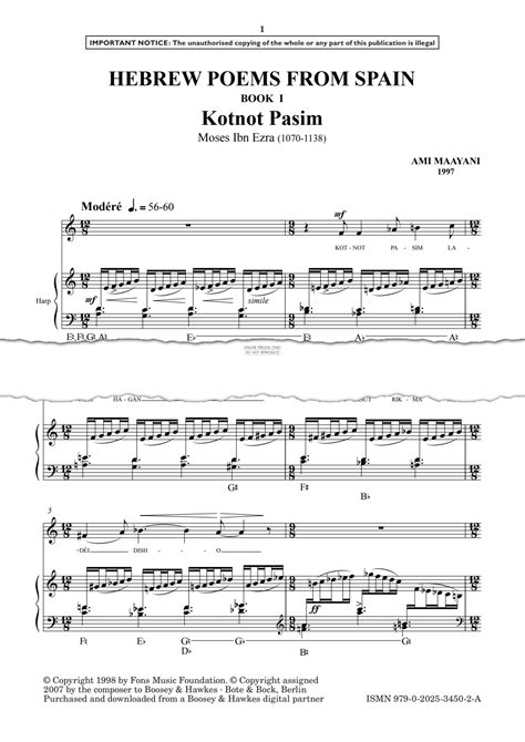Kotnot Pasim from Hebrew Poems from Spain (Ami Maayani) | Noten: Stimme ...