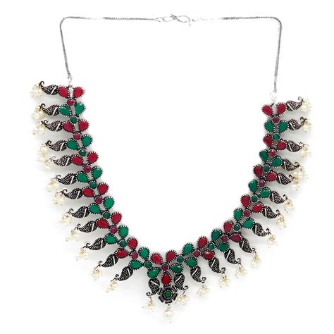 Niranjana Multi colored Silver Oxidized Necklace Set – Teejh