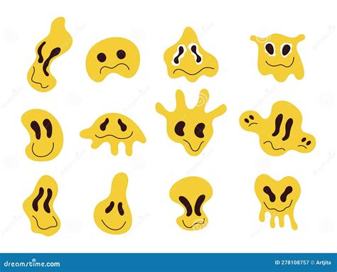 Groovy Istorted Emoticon Faces Vector Set. Retro Doodle Dripping Emoji Stock Vector ...