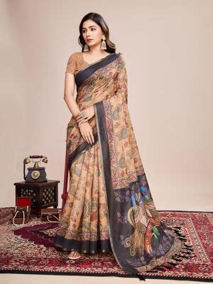 Buy Suha Women Beige Silk Blend Floral Saree with Unstitched Blouse ...
