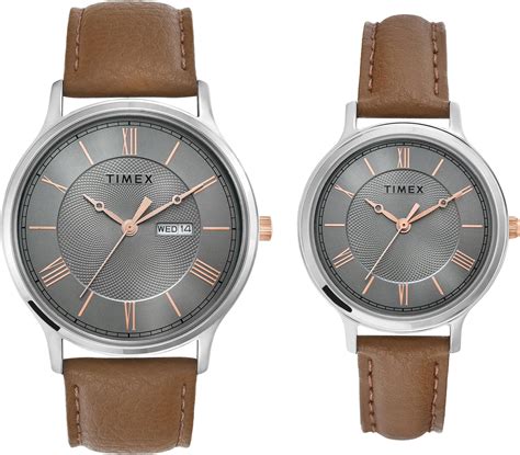 TIMEX Leather Unisex Pairs Grey Round Analog Brass Dial Watch ...