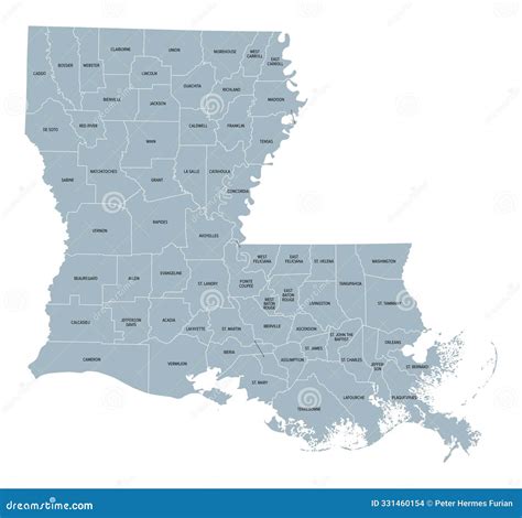 Louisiana, U.S. State, Subdivided into 64 Parishes, Gray Political Map ...