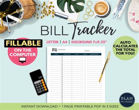 Bill Tracker Printable Fillable Bill Checklist Bill Tracker Planner ...