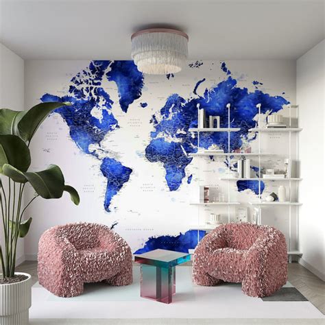 Indigo Watercolor World Map Wallpaper for Elegant Walls