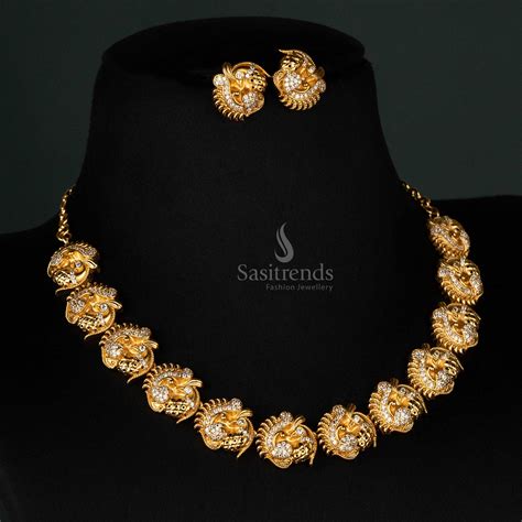 Matte Gold Peacock Motif Necklace Set with AD Stones - Sasitrends