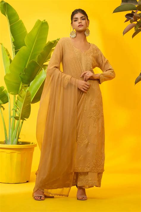 Viscose Chikankari Suit Set with Palazzo & Dupatta - The House of Indu